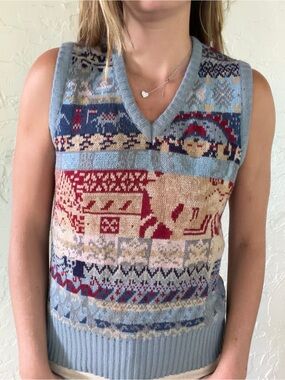 Vintage Knit V-Neck Sweater Vest - Light Blue Multi with Buddha graphics